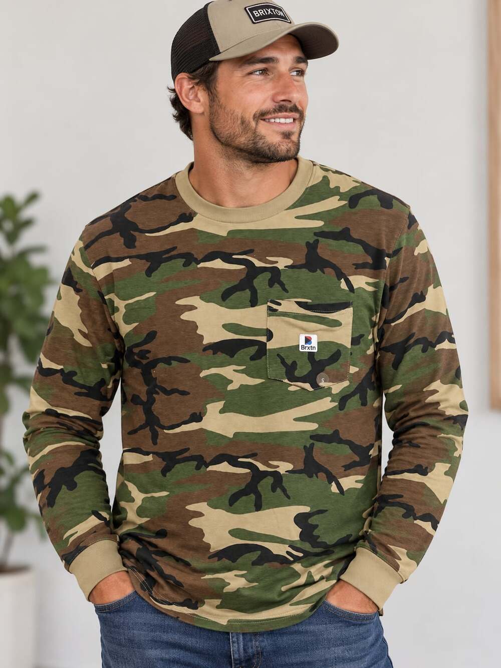 Brixton Stowell Long Sleeve Camo Standard Fit Crewneck Cotton T-Shirt